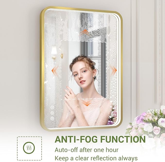 LED Bathroom Mirror with Lights, 20x28 Inch Brushed Gold Metal Frame LED Mirror for Bathroom, Stepless Dimmable 3 Colors Wall Mounted Lighted Bathroom Vanity Mirror, Anti-Fog, Memory