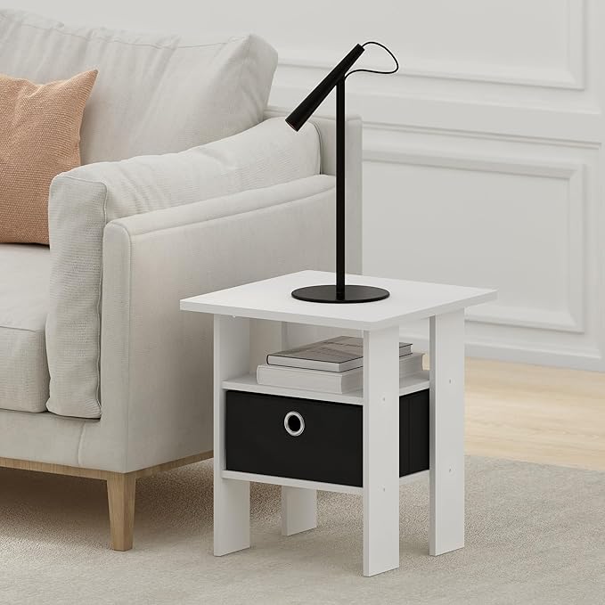 Furinno Andrey Side Table, End Table, Night Stand with Open Shelves and Storage Bin, Bedside Table, for Living Room, Bedroom, White