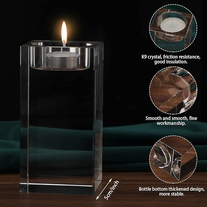 12 Pcs Crystal Tea Light Candle Holders Glass Votive Candle Stands Square Candlestick Holders for Wedding Dining Living Room Centerpiece Decorations, 1.57", 3.15", 3.94"