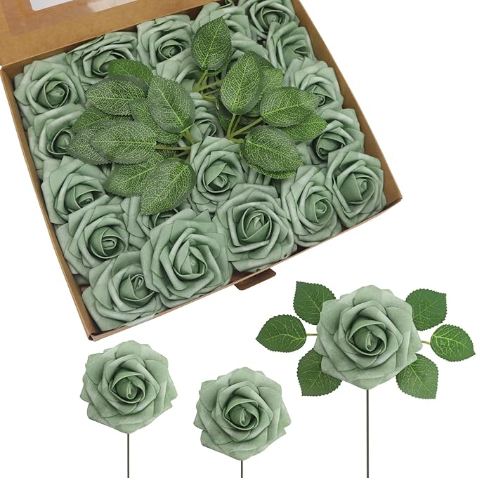 JOYLEX 50PCS Elf Green Artificial Flowers Realistic Roses, Real Looking Fake Roses with Stem for DIY Wedding Bouquets Centerpieces Bridal Shower Party Home Romantic Decorations (Elf Green, 50pcs)
