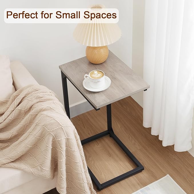 AMHANCIBLE C Shaped Side Table, End Tables Living Room Set of 2, Slide Under Couch Table for Sofa, TV Trays for Bedroom, Small Space, Greige HET02CGY