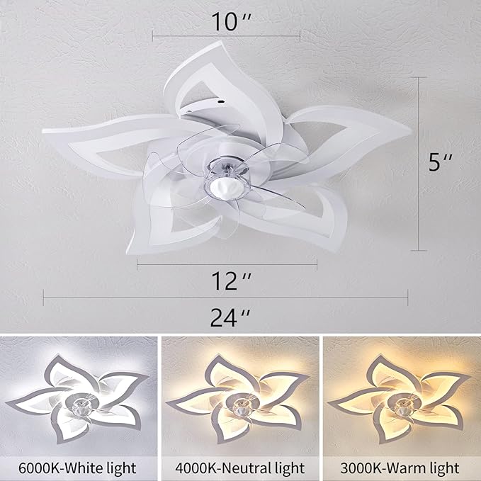Flush Mount Ceiling Fan with Lights, 24" White ,Remote Control, 6 Speeds 3 Light Color Low Profile Ceiling Fan for Kitchen