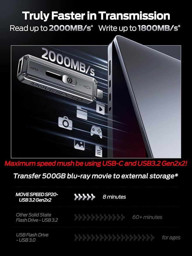 MOVE SPEED 256GB USB Drive, 2000MB/s TLC Reliable Transfer Portable SSD with USB 3.2 Gen2x2 + Type C, Cool USB Drive for Phone/Windows/Mac (SP20)