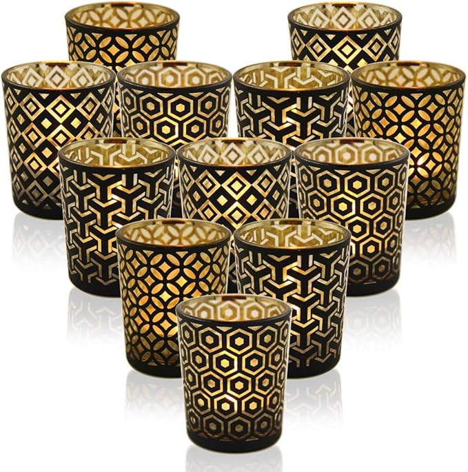 SHMILMH Halloween Votive Candle Holders Set of 12 Black Gold Glass Tealight Candle Holders with 4 Patterns Table Centerpiece for Halloween Party Table Decorations