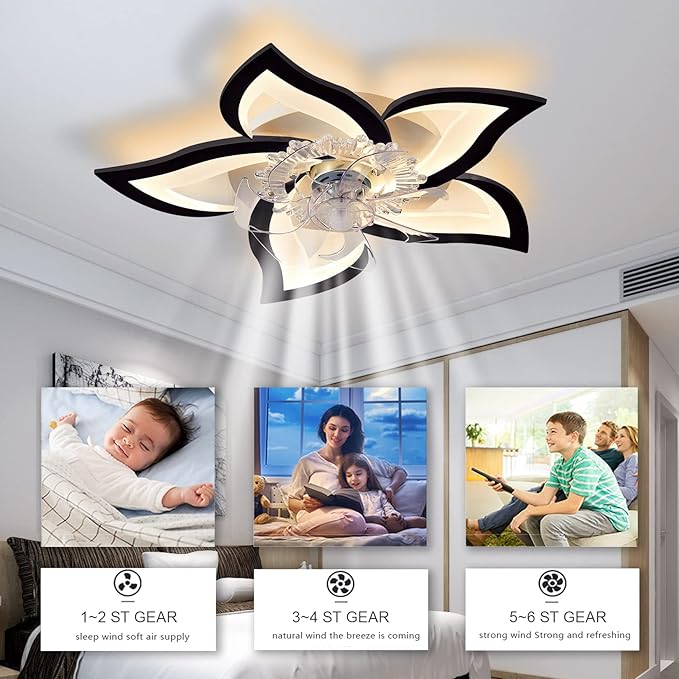 Low Profile Ceiling Fans with Lights,27.2” Black Modern Dimmable Flower Shape Ceiling Light Fan with Remote Control/app Control,Timing 6 Gear Speeds Fan Ceiling Lamp.