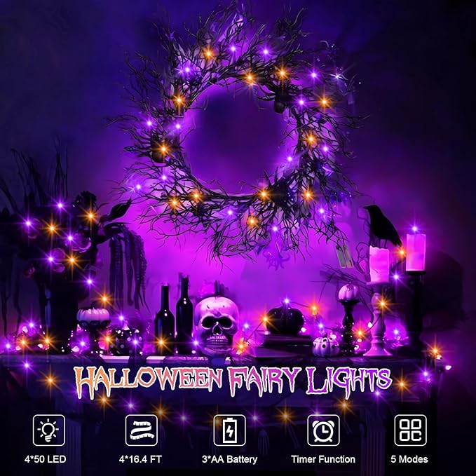 Purple Orange Halloween Timer Fairy Lights Battery Operated 4 Pack 16.4Ft 50 LED Black Wire Twinkle Lights with Timer 5 Modes for Halloween Indoor Outdoor Party Decoration