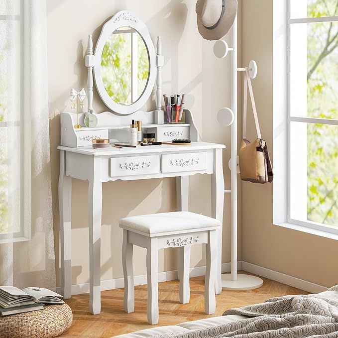 Giantex Girls Vanity Desk with 4 Drawers, White Makeup Vanity Table with Mirror and Cushioned Stool, Rose Shaped Knobs, Modern Bedroom Dressing Table for Small Place Apartment