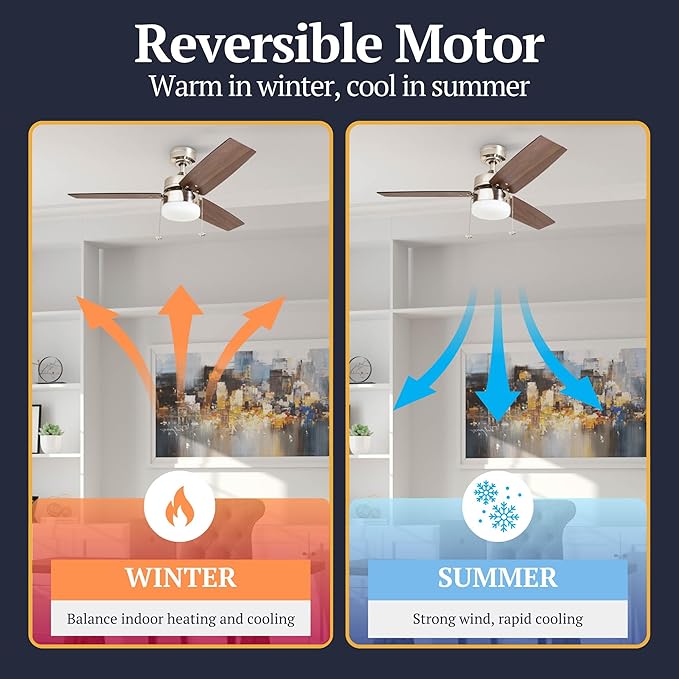 Prominence Home Reston, 42 Inch Modern Farmhouse LED Ceiling Fan with Light, Pull Chain, Dual Mounting Options, Dual Finish Blades, Reversible Motor - 51014-01 (Brushed Nickel)