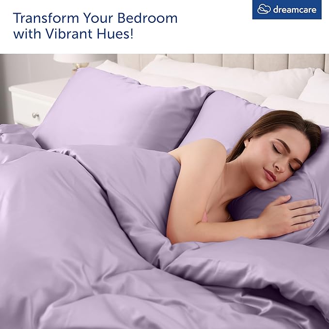 DREAMCARE Queen Size Sheets - Cooling Bed Sheets - 4pcs Set - up to 15" Deep Pocket Queen Sheet Set - Sheets Queen Size Bed - Soft & Long Lasting 100% Fine Microfiber with Side Pocket - Lavender