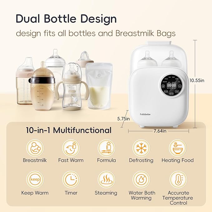 Baby Bottle Warmer, Felizbebe 10-in-1 Bottle Warmers for All Bottles, Detachable Body for Easy Cleaning, Accurate Temperature Control, Timer, Sterili-zing,Milk Warmer for Breastmilk or Formula