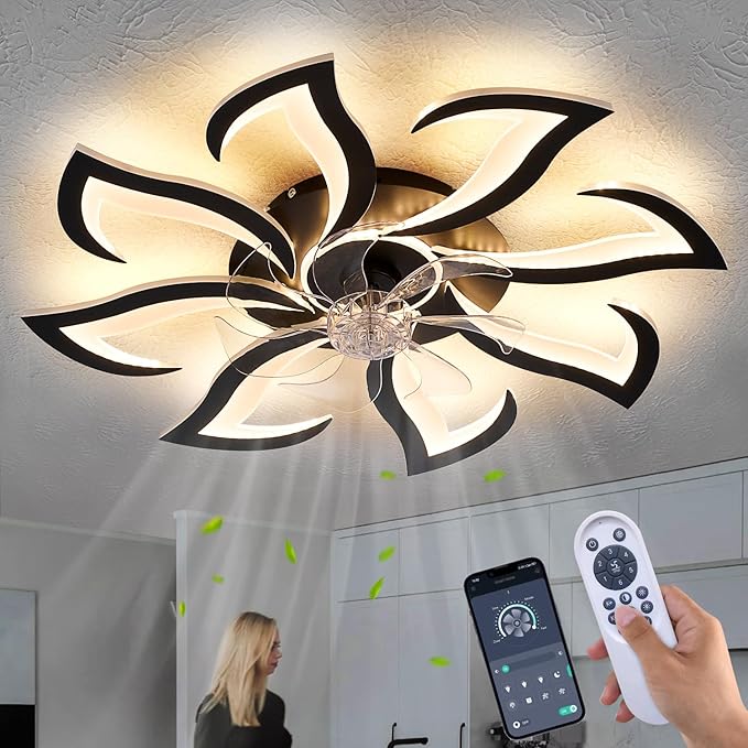 Modern Ceiling Fan with Lights Remote Control, 32" Black 6 Speeds 3 Light Color Low Profile Flush Mount Ceiling Fan for Kitchen Bedroom