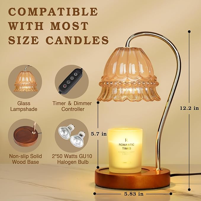 Glass Candle Warmer Lamp with Timer, Flower Candle Lamp, Birthday Gifts for Women, Mom, Female Friend, Candle Lamp Warmer Gifts, Electric Dimmable Candle Warmer, Vintage Home Decor, Amber