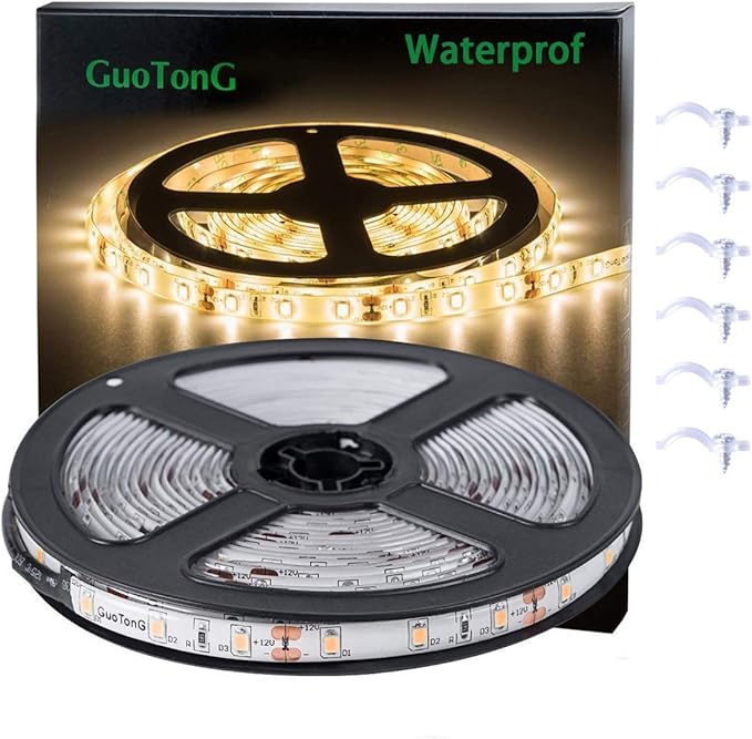 Warm White LED Strip Lights, Waterproof cuttable 300 SMD 2835 LED Tape, 6000K 16.4ft/5m 12V Flexible Ribbon, Kitchen Cabinet Lighting, Hotel, Club, Bar（No Power Supply