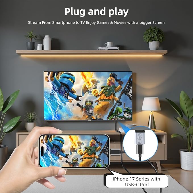 USB C to DisplayPort Adapter with USB Video Cable, 4K@60Hz Uni-Directional USB C Female to DP Male Adapter, Thunderbolt 4/3 to DP Converter Compatible with i-/Phone 17, Galaxy, MacBok Pro- 1 Pack