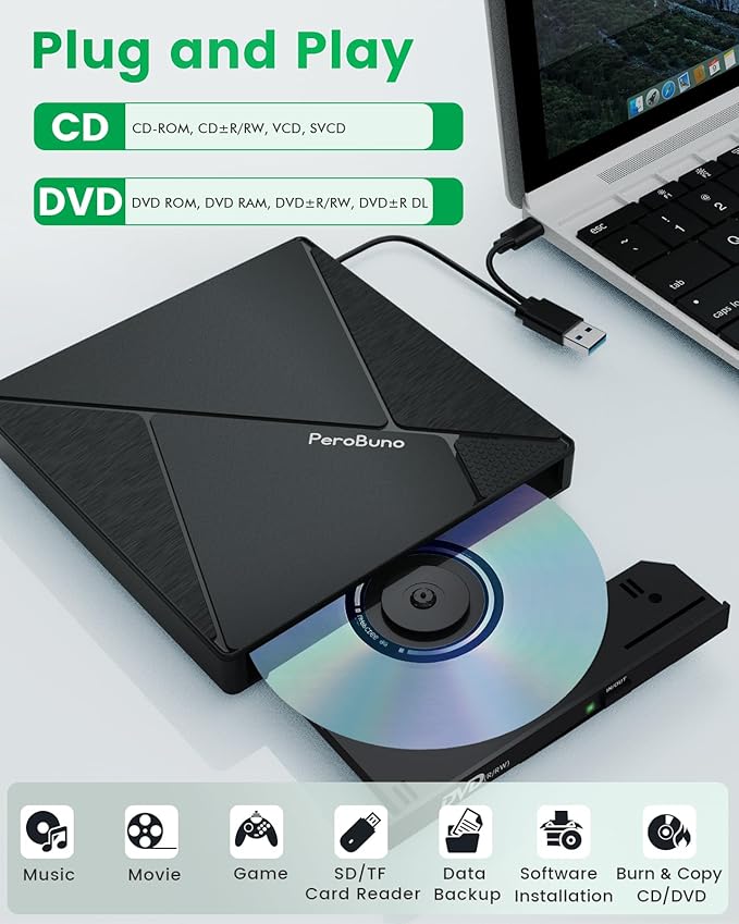 PeroBuno External CD DVD Drive, USB 3.0 Optical Disc Drive, 4 USB Ports and 2 TF/SD Card Slots, CD DVD Burner Writer Reader Player for Laptop MacBook PC Windows 11/10/8/7 Linux OS with Carrying Case