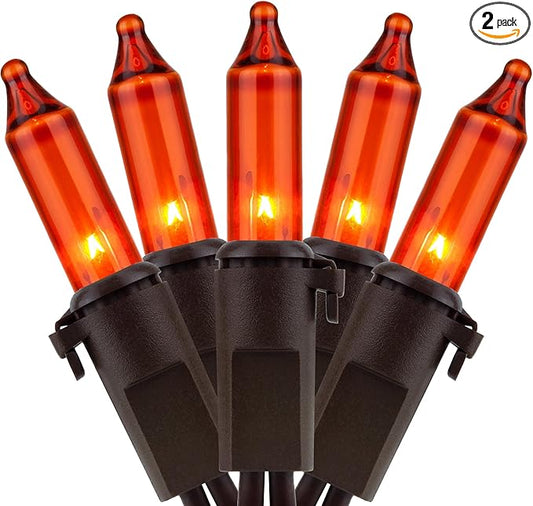 YULETIME Orange Christmas Lights with Brown Wire, 66 Feet 200 Count UL Certified String Lights, Pack of 2 Sets 33 Ft 100 Count Amber Incandescent Mini Light Set (Orange)