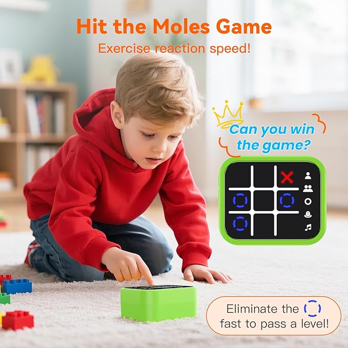 Rechargeable Tic Tac Toe Game Box with 5 Fun Brain Memory Games, Electronic Touchscreen Handheld Game, Portable Digital Puzzle Board Travel Toy, Gifts Choice for Kids and Adults (Green)