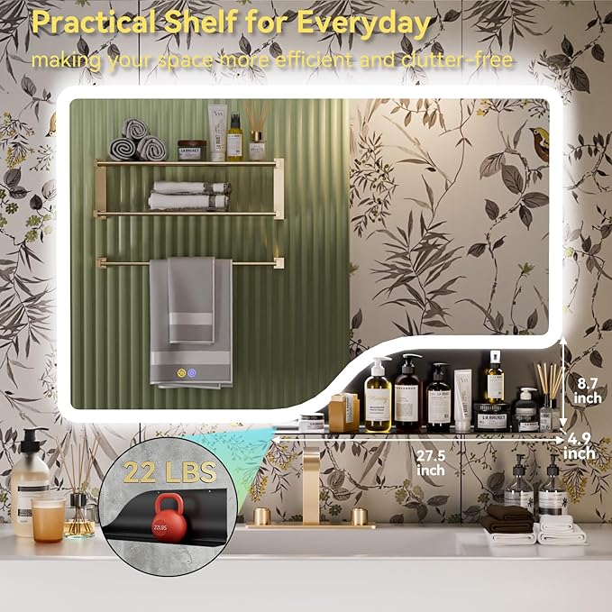 32"x 48" LED Bathroom Mirror with Shelf, 3 Colors Backlit Vanity Mirror with Lights, Wall-Mounted Large Bathroom Mirror with Lights, Smart Mirror with Anti-Fog, Stepless Dimmable, Memory (UL, ETL)