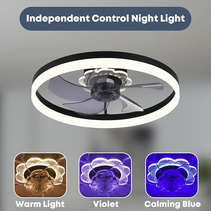 20'' Ceiling Fan with Light, Upgraded Low Profile Fan, Flush Mount Ceiling Fan, 6 Speeds, Dimmable LED, App & Remote Control, Quiet DC Motor, for Bedroom, Living Room, F115 Black
