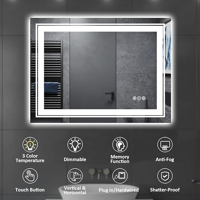 28" x 20" LED Bathroom Mirror with Lights, Front and Backlit Mirror, Anti-Fog Lighted Vanity Mirror, Stepless Dimmable, 3 Colors LED Mirror (Horizontal/Vertical)