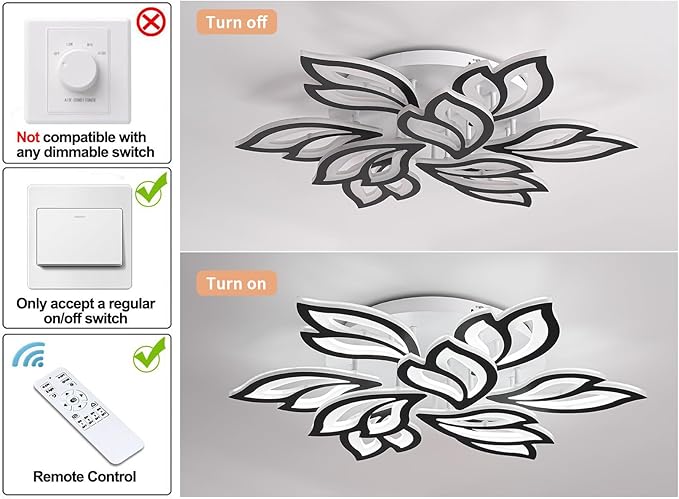 Garwarm LED Ceiling Light, Dimmable Modern Flower Shape Flush Mount Ceiling Lamp, 75W Acrylic Petals Ceiling Chandelier Lighting with Remote Control for Living Room Bedroom Dining Room (Black)