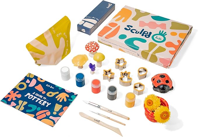 Sculpd - The Original Kids Pottery Kit, Air-Dry Clay Starter Kit for Kids Age 7+, Air Dry Clay with 5 Colour Paint Set, Paintbrushes, Pottery Tools, Sponge and Step-by-Step Guide