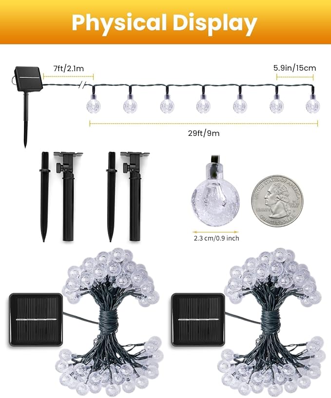 Solar String Lights Outdoor Waterproof, 2 Pack 60 LED 36.5 FT Each, Solar Powered Patio Lights with 8 Lighting Modes for Garden Yard Porch Wedding Party Decor (Warm White)