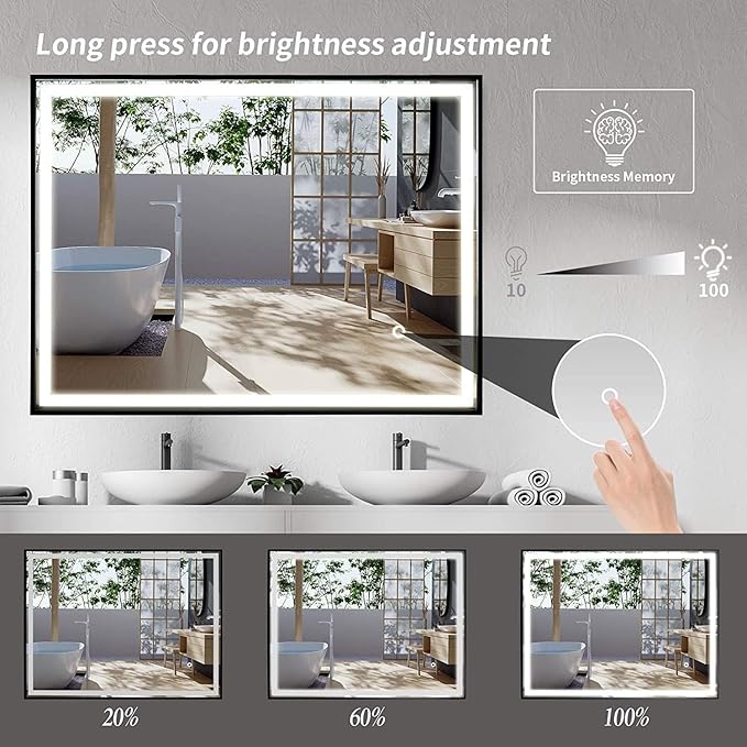 24"x 40" LED Bathroom Mirror with Black Frame, Stepless Dimmable, Anti-Fog, Shatter-Proof, Memory, 3 Colors, LED Vanity Mirror