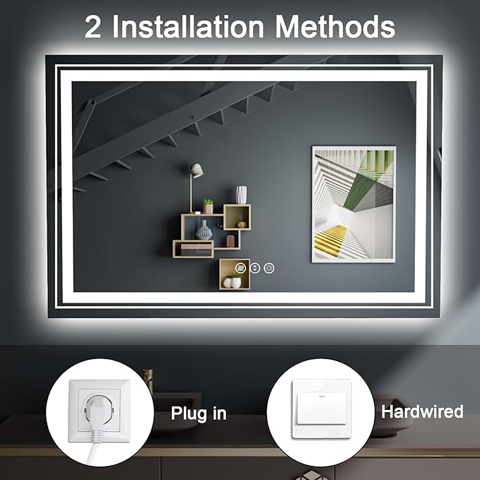 LED Bathroom Mirror, 40"X30" with Front and Backlit, Anti-Fog, Bathroom Vanity Mirror for Wall, Memory Function, Stepless Dimmable, Tempered Glass (Horizontal/Vertical)