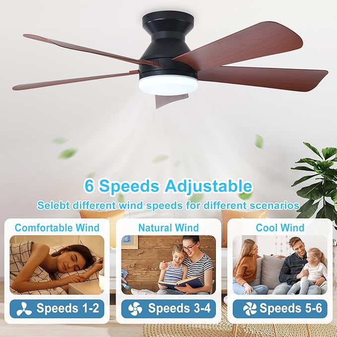 DINGLILIGHTING Ceiling Fans with Lights for Bedroom: 42 Inch Walnut Low Profile Ceiling Fan with Light and Remote Indoor Outdoor