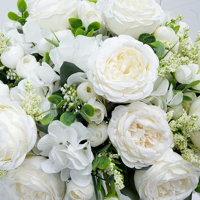 10 Bundles Artificial Peonies, Milky White Hydrangea Artificial Flowers Silk Flowers for Indoor Home Decor Bedroom Kitchen Office Wedding Table Centerpieces