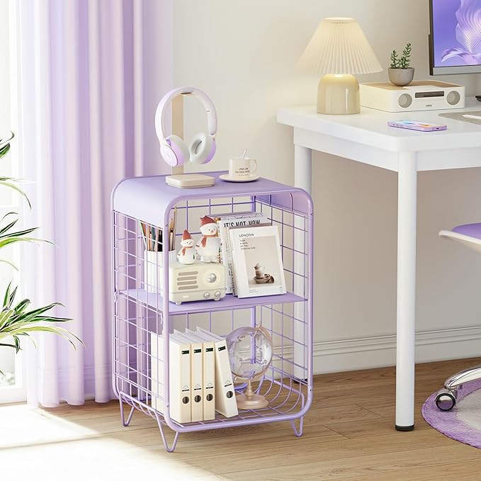 APEXCHASER Cute Kids Nightstand,Metal Side Table,3 Tier End Table with Storage,Vintage Bedside Table,Girls Bedroom Furniture,Coffee Table for Living Room,Bedroom,Dorm,Purple