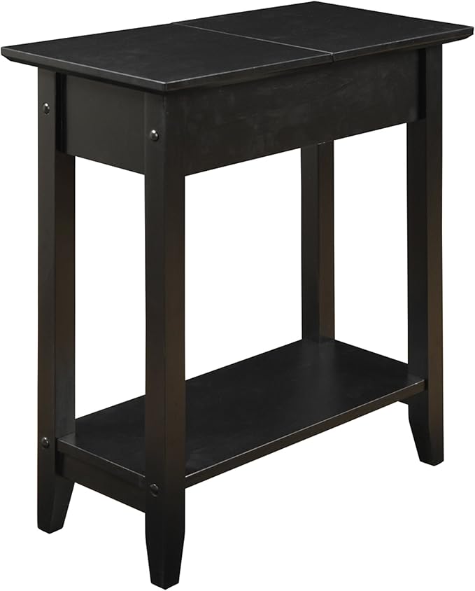 Convenience Concepts American Heritage Flip Top End Table 23.25" - Classic Narrow Chairside Accent with Hidden Storage & Lower Shelf for Traditional, Modern Living Room, Black