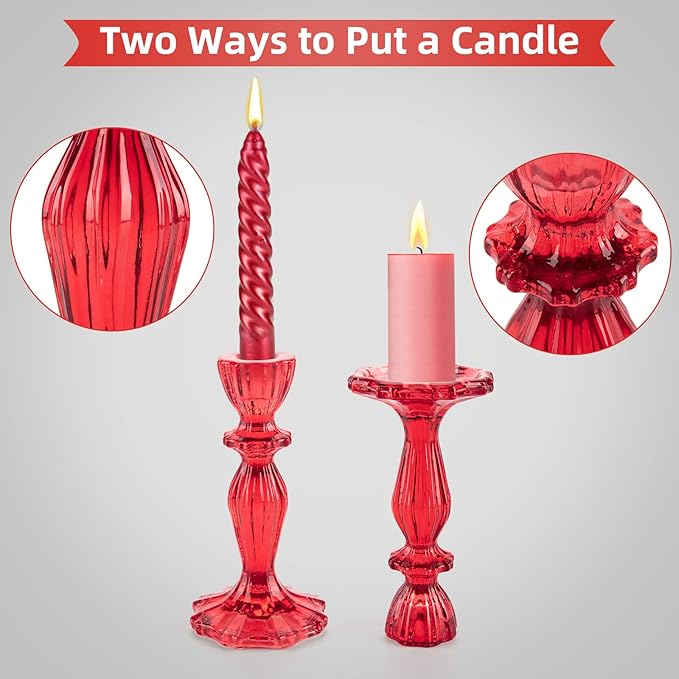 Glass Candle Holders, 2PCS Wide Base Candlestick Holder Decorative Candle Stand Table Centerpieces for Wedding Birthday Halloween Christmas Party, Red