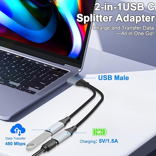 USB-C Splitter Cable,USB 2.0 Male to Dual Type-C Female Adapter Cable,USB A to Double Port Type C Splitter Charging Cable Charging and Data for Phone,Tablet,Laptop-17cm/6.6in