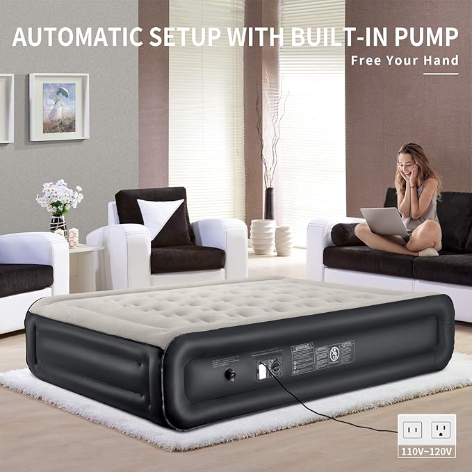InnoTruth Raised Air Mattress with Built-in Pump,18in Elevated Inflatable Mattress with Carrying Bag for Home and Camping, Twin Size Blow Up Bed，Black