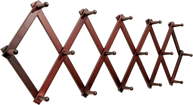 SKOLOO Accordion Wall Hanger with 16 Hooks, Modern Expandable Coat Rack Hat Rack for Wall, Solid Wooden, Cherry Red
