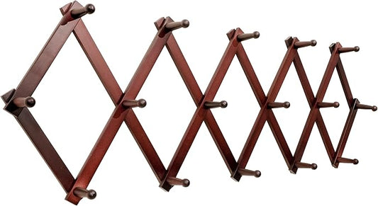 SKOLOO Accordion Wall Hanger with 16 Hooks, Modern Expandable Coat Rack Hat Rack for Wall, Solid Wooden, Cherry Red