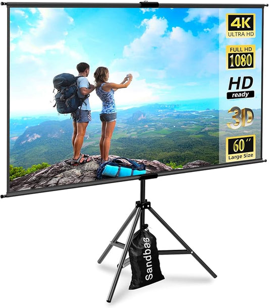 60 Inch Portable Projector Screen with Tripod Stand, Compact Mobile Projection Screen for Small Spaces, Height Adjustable and Wrinkle-Free for Indoor Outdoor Camping and Office Use