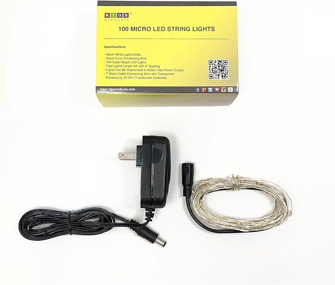 100 LED String Lights, 32 Feet, Silver Wire, Warm White, Plug-in, Indoor-Outdoor, 5V DC Transformer