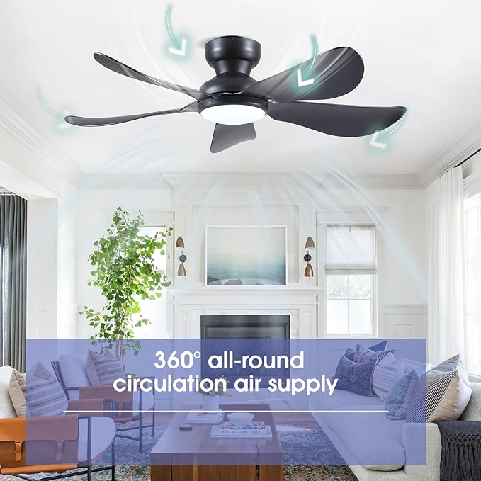 46 Inch Modern Ceiling Fans with Lights, Flush Mount Ceiling Fan with Light and Remote/APP Control, 5 Reversible 6 Speeds Curved Blades, 3 CCT Dimmable Lights for Bedroom, Black