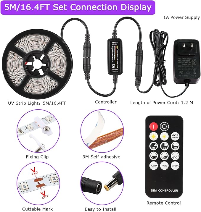 Upgraded 16.4ft/5M LED Black Light Strip Set with Remote, 300 LEDs, 12V Self-Adhesive Dimmable Black Light Fixture, for Dance Parties, SMD2835 LED Lamp Beads, Non-Waterproof