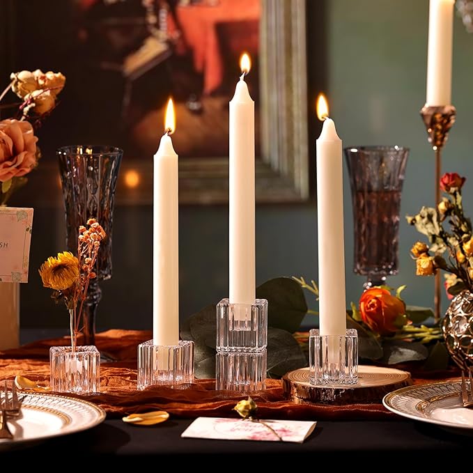 LETINE Glear Candlestick Holders Set of 12 - Elegant Cube Taper Candle Holders for Rustic Wedding Centerpieces, Valentines Day Decorations, Party Decorations, and Home Decor