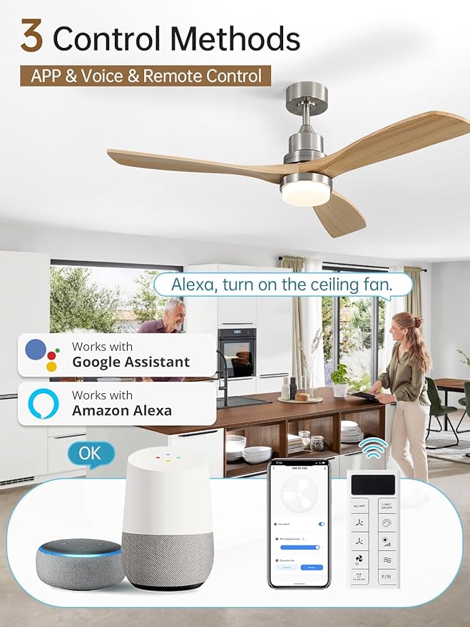 Sofucor 52 Inch Smart Ceiling Fans with Lights and Alexa/Google Assistant/APP/Remote Control-Modern Outdoor 3 Solid Wood Blades Ceiling Fan for Bedroom Living Room Patio, Sandy Nickel&Natural Wood