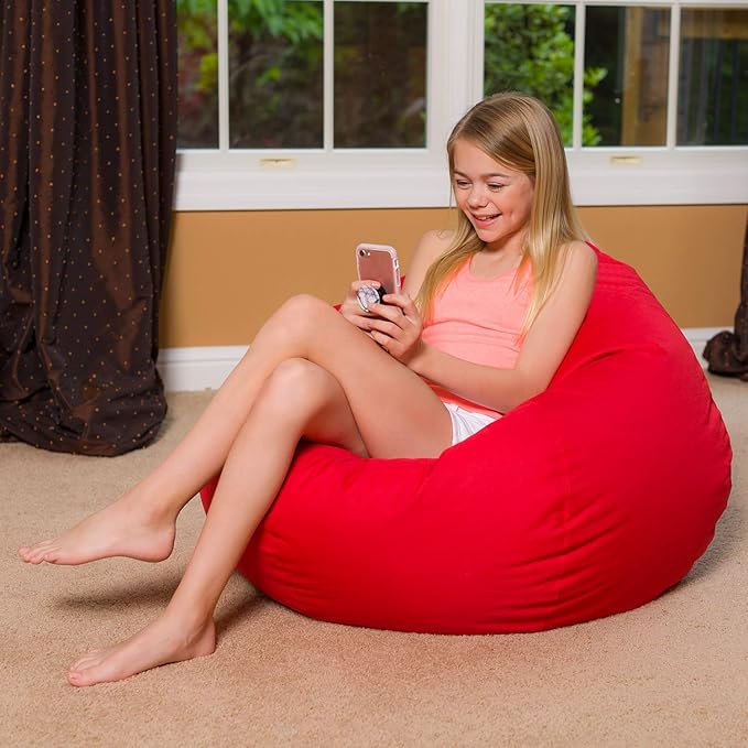 Posh Creations Bean Bag Chair Round EPS Filled Seat for Toddlers and Kids, Comfy Chair for Children, Large 38 Inch, Nylon - Solid Red