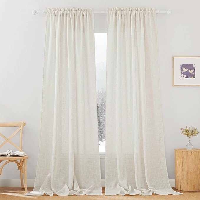 RYB HOME Semi Sheer Curtains 102 inches Long, Light Filtering Half Privacy Durable Window Curtains & Drapes for Bedroom Living Room, Linen, W 52 x L 102 inches, 2 Panels Set