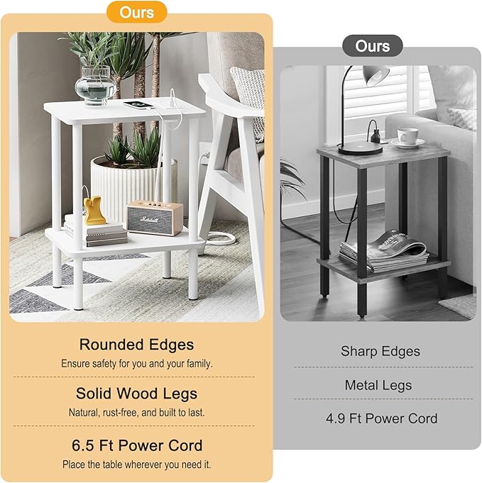 Apicizon 2 Tier End Table Set of 2, Small Side Table with Charging Station, Boho Bedside Table with USB Ports and Outlets, Nightstand for Small Spaces, Bedroom, Living Room, Easy Assembly, White