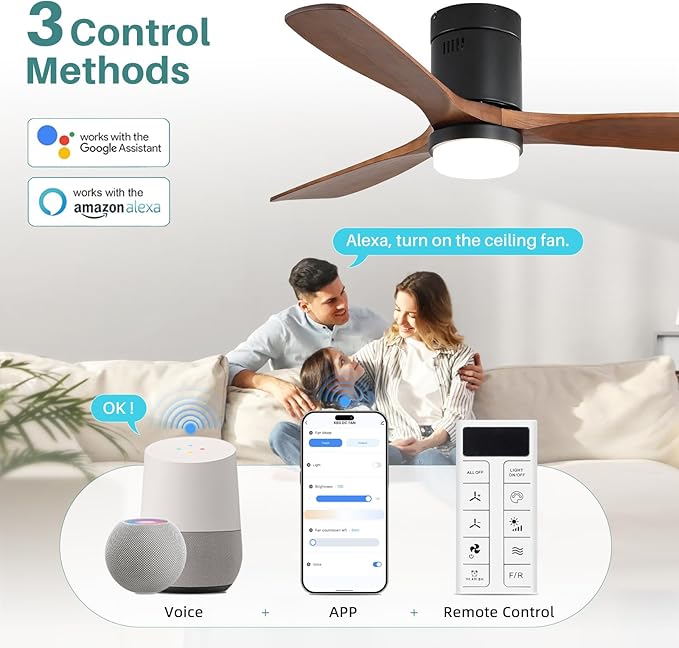 Sofucor 52 Inch Smart Ceiling Fans with Lights-Flush Mount Low Profile Modern Outdoor Solid Wood Ceiling Fans with Alexa/Google Assistant/APP/Remote Control for Bedroom/Farmhouse/Patio, Brown Black