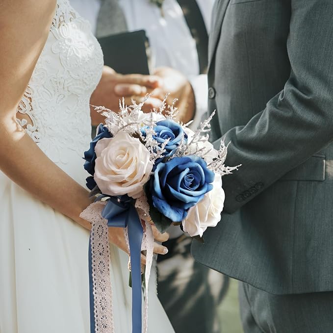 LEIFENY Wedding Bouquets for Bride, Champagne White & Royal Blue Bridal Bridesmaid Wedding Flowers, Artificial Toss Rose for Civil Ceremony (Hollow Lace Ribbon Handle)