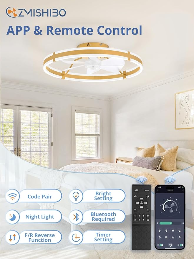 ZMISHIBO 24 Inch Ceiling Fans with Lights and Remote, Modern Low Profile Ceiling Fan, 3000-6000K Dimmable Flush Mount LED Fan Light, 6 Wind Speeds, Fandelier Ceiling Fans for Bedroom- Gold